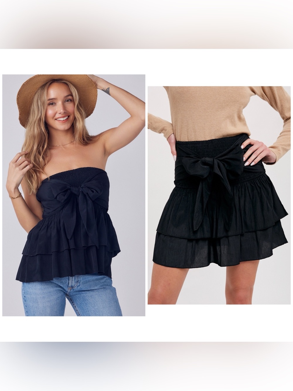 2-in-1 Tiered Bow-Front Strapless Top / Skirt in Black